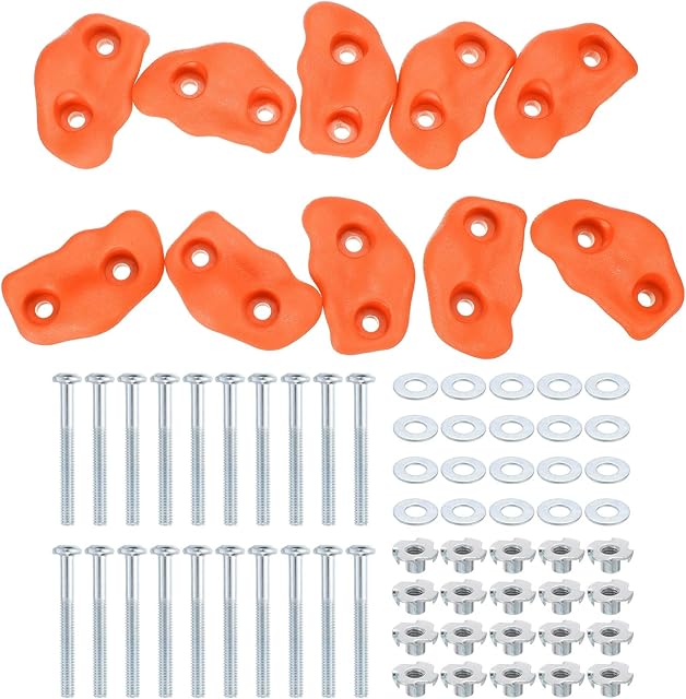 The PATIKIL Rock Climbing Holds, 10 Pcs Small Climbing Rock Wall Grips Play Set Climber Attachments with Double Hole for Playground Accessory Indoor Outdoor Tree Training, Orange Red C-Small