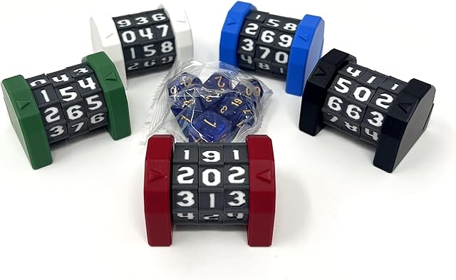 The MunnyGrubbers - 5 Pack Life Counter - HP Tracker with Tracking Card Slot - (Random 7PC D20 Dice Set Included) - MTG - Tabletop RPG - Board Games - DND - Dungeons and Dragons - (5 Pack - Combo A)