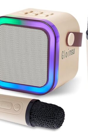The Portable Karaoke Machine for Kids & Adults, Bluetooth Mini Singing Microphone with 2 Wireless Mics & LED Light Show, Compatible with All Smartphones, Perfect for Birthdays, Home Parties（Apricot）