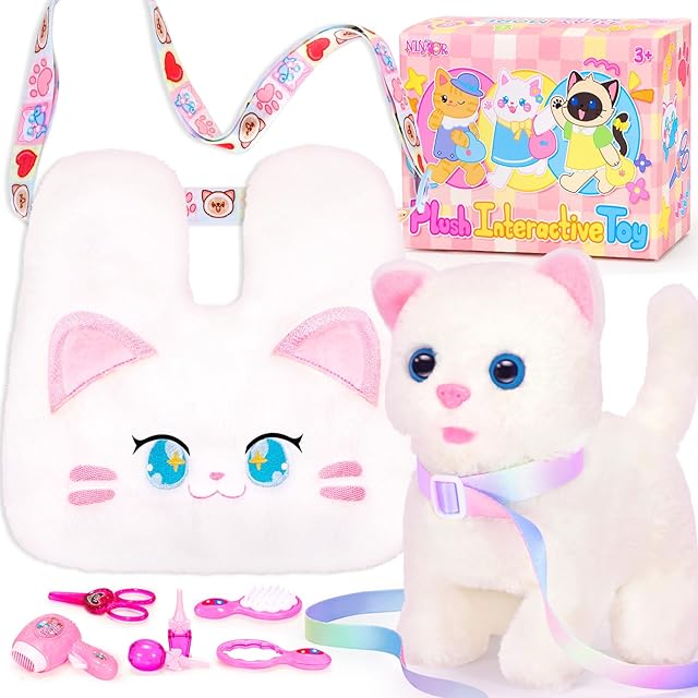 The Interactive Cat Toys for Kids with Crossbody Bags, Stuffed Cat Plush with Leash Walking Meow Pretend Play Kitty Robot Pet Toy, Electronic Realistic Cute Stuff for Girls Plushies Toddler Toys