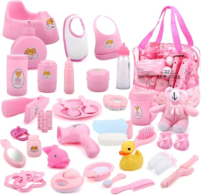 The deAO 40 Piece Baby Doll Accessories Bag with Baby Feeding Accessories, Clothes, Doll Bear, Bath Toys, Soother Dummy and Much More - Great Nurturing Pretend Toy for Kids!