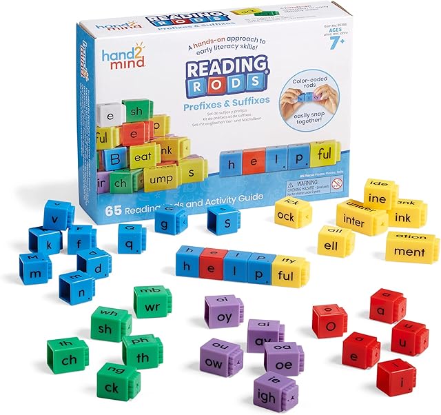 The hand2mind Reading Rods Prefixes & Suffixes, Word Roots for Kids, Word Building Activities, Spelling Toys, Reading Tools for Kids, Phonemic Awareness and Phonics, Science of Reading Manipulatives