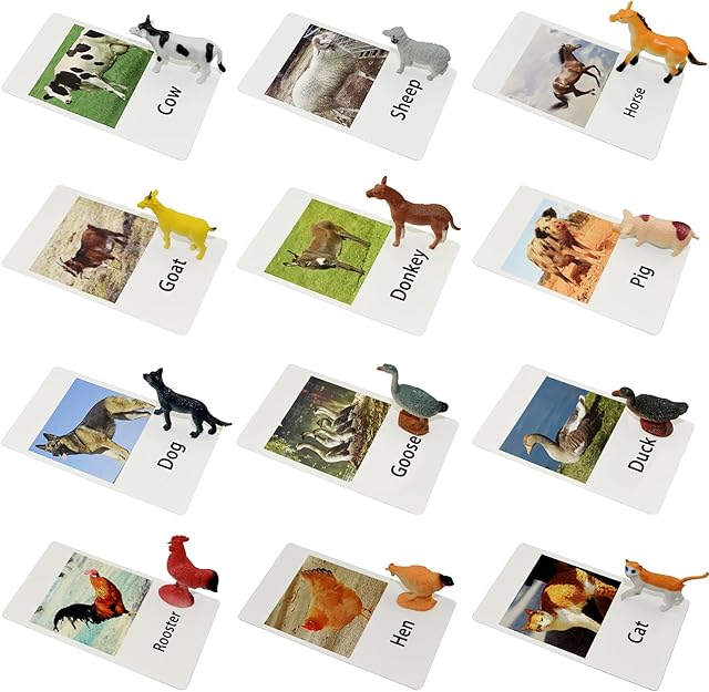 The Farm Animal Toys with Flash Cards - 12 Sets of Realistic Animal Figures - Educational Learn Cognitive Toys & Animal Matching Game Playset for Toddlers Kids