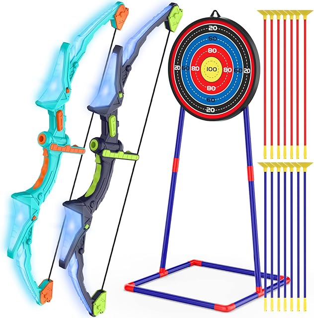 The 2 Pack Kids Bow and Arrow Set with LED Flash Lights, 14 Suction Cup Arrows and Fluorescence Standing Target-Perfect Indoor and Outdoor Game Archery Set Toy Gift for 4 5 6 7 8-12 Year Old Boys