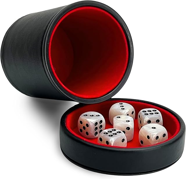 The Luck Lab Black Leather Dice Cup with Lid Including 6 Matching Pearl Dice - Red Velvet Interior for Quiet Shaking - Use for Liars Dice Farkle Yahtzee Board Games