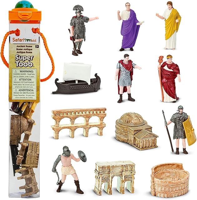 The Safari Ltd. Ancient Rome Super Toob - Mini Figurines: Gladiator, Noblewoman, Centurion, Senator, Caesar, Emperor, Colosseum, Aqueduct, Pantheon & More - Educational Toy for Boys, Girls & Kids 3+
