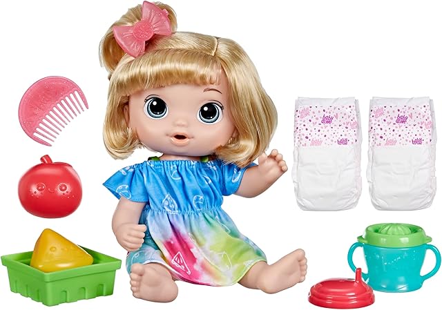 The Baby Alive Fruity Sips Doll, Apple, Toys for 3 Year Old Girls, 12-inch Baby Doll Set, Drinks & Wets, Pretend Juicer, Kids 3 and Up, Blonde Hair