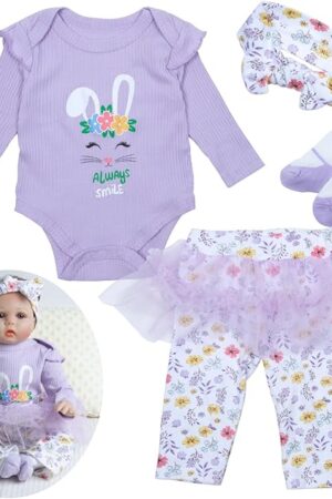 The Reborn Baby Doll Clothes 22 Inch Girl Cute Purple Rabbit 4 Piece for 20-22 Reborn Doll Clothes +Headband +Lace-Ed Pants