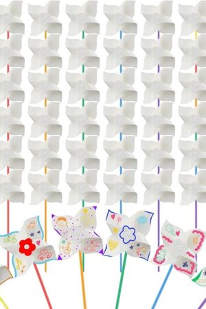 The Poen 48 Pcs DIY Pinwheels Paper Craft for Kids Bulk Color Your Own White Pinwheels Summer Activity Arts July 4 Patriotic Memorial Day Craft for Kids Boys Girls Blank Windmills Party Favor, 5 Inches