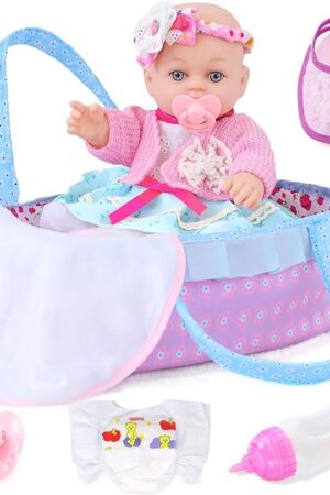 The Realistic Baby Dolls 12 Inch Girl Baby Doll with Accessories and Clothes Includes Blanket,Carrier Bassinet Bed,Pacifier,Feeding Bottles Newborn Nursery Toys for Toddlers 3 Ages and Up
