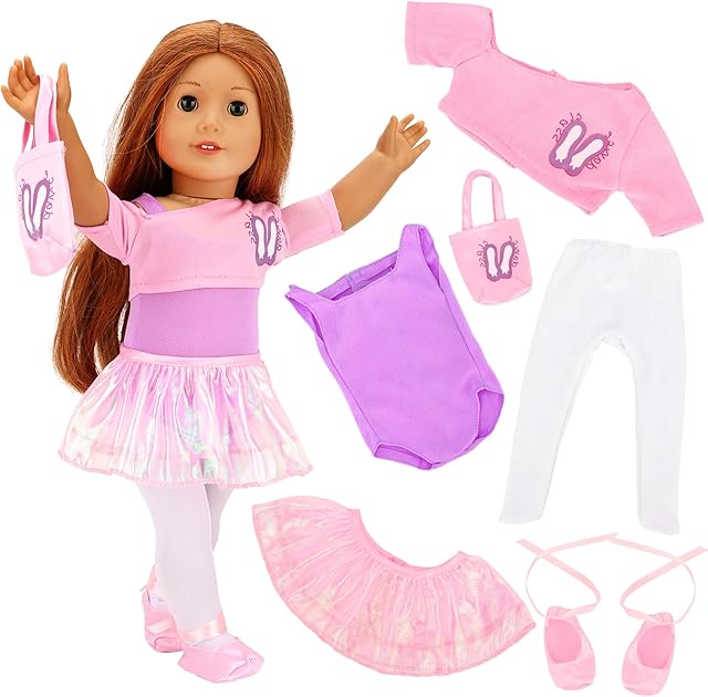The BARWA 18 Inch Doll Clothes Ballet Ballerina Outfits Dance Dress Custume for American 18 Inch Dolls - 7 PCS Leotard with Tutu Skirt, Top, Bag and Ballet Shoes