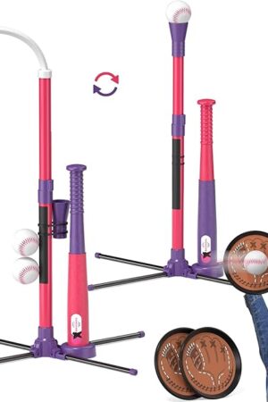 The QDRAGON 4 in 1 Tball Set for Toddlers 3-5 with Toss and Catch Ball Set / 2 Bats, Hanging Tee Ball Stand with Auto Pitching Machine, Indoor Outdoor Sport Toys Games Christmas Birthday Gifts for Girls