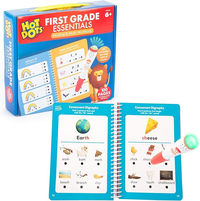 The Educational Insights Hot Dots First Grade Essentials: Reading & Math Workbook - 1st Grade Workbooks with Interactive Pen, Homeschool Learning Activities, Build Reading Fluency and Math Skills, Ages 6+