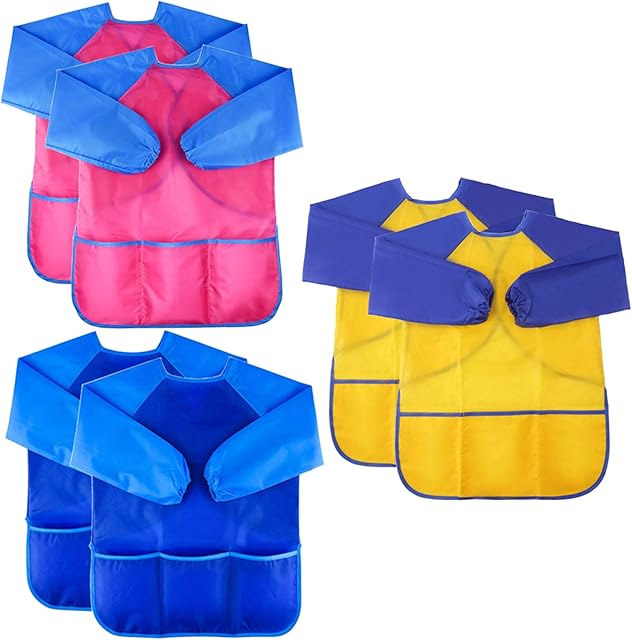 The Zkptops 6 Pack Kids Art Smocks Waterproof Kid Painting Aprons Toddler Art Smock Kids Paint Smock with Long Sleeve 3 Roomy Pockets for Age 3-7 Years