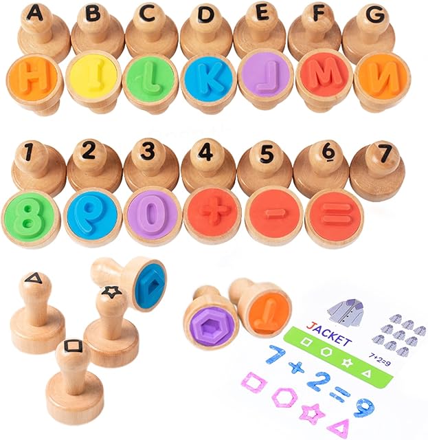 The Montessori Wooden Alphabet Number Shape Stamps Set, ABC Spelling Letter Stampers and Mathematics Shapes Learning Flashcard, Preschool Educational Toy Gifts for 3 4 5 Year Old