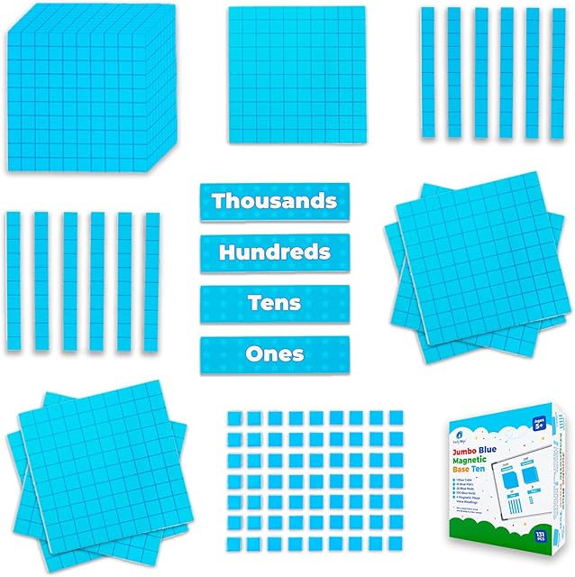 The Simply magic 131+4 PCS Jumbo Blue Magnetic Base Ten Blocks for Math + Headings - Math Manipulatives, Base 10 Blocks, Place Value Manipulatives Magnets, Counters for Kids, Classroom Must Haves