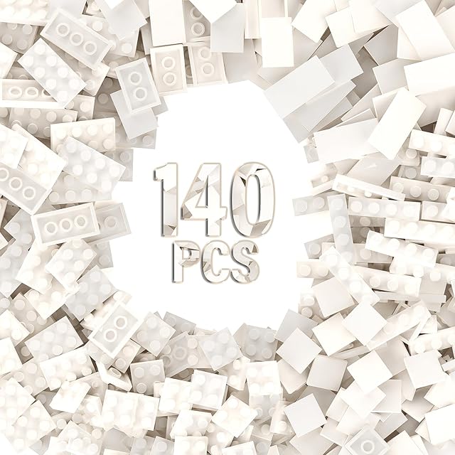The 140 Piece White Classic Building Bricks Plate+Tile, 7 Types Bulk Building Bricks Pack, Compatible with Lego Parts and Pieces (White)