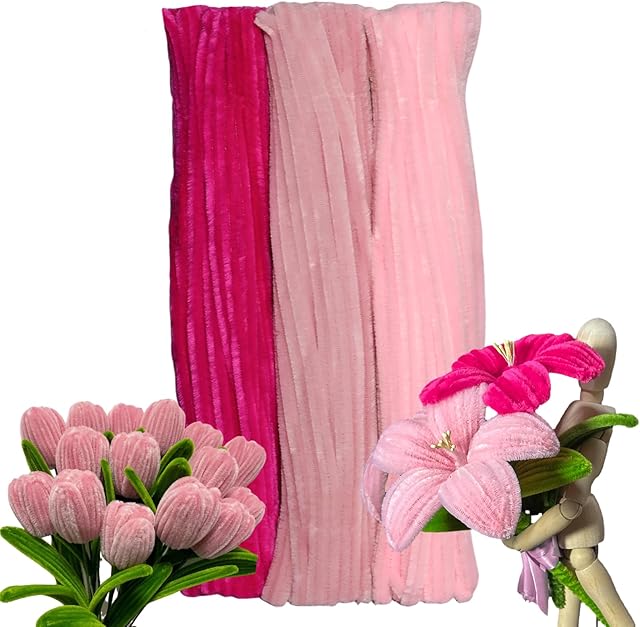 The Pink Color Trio Pipe Cleaner Set - 300pcs, Thick Fluffy Chenille Stems for Arts & Crafts, Perfect for Making Animals, Flowers, and Festive Decorations(12 inches x 0.24 inches)