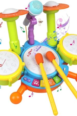 The POKONBOY Kids Drum Set for Toddler 1-3, Musical Instruments Learning Toys with 2 Drum Sticks Adjustable Microphone Birthday for Boys Girls 6 12 18 Month (Yellow)