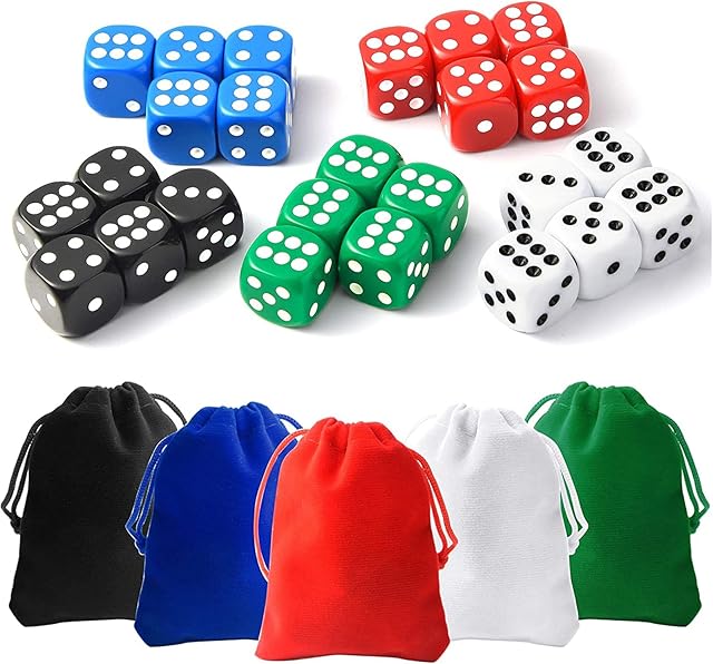The 25 Pieces Dice Set 6 Sided 5 Colours Spot Dice with Bags for Tenzi, Farkle, Yahtzee, Bunco or Teaching Math Dice Games