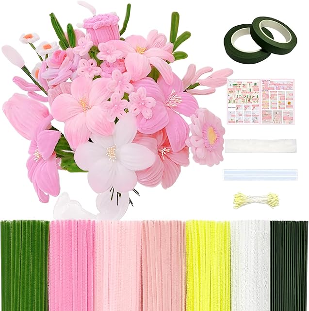 The 601PCS Complete Pink Pipe Cleaners Flower Kit–Pastel Pipe Cleaners for Flowers, DIY Craft Supplies for Projects, 6 Colors, with Floral Wires, Tape, Glue Sticks, Ribbon, Stamen, Manual & Video Tutorial