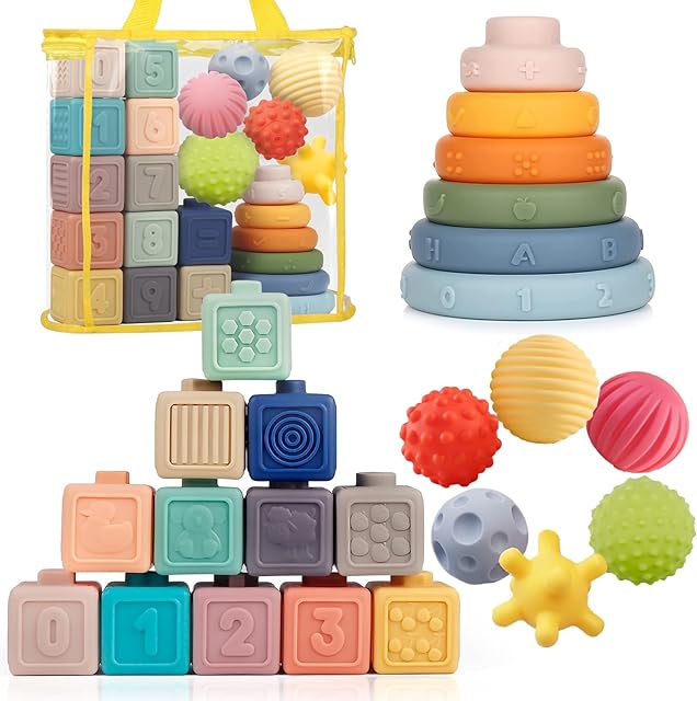 The Montessori Toys Soft Stacking Building Blocks Rings Balls Sets 3 in 1 Baby Toys Bundle for Babies 6-12 Months Sensory for Toddlers 1-3 Teething Bath for Infants Learning Toy