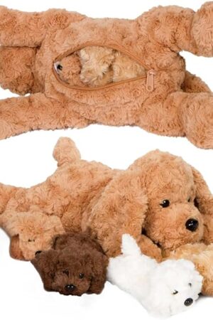 The PixieCrush Adopt Me Dog Stuffed Animals for Girls Ages 3 and Up - Plush Labradoodle Dog Pillow with 4 Surprise Puppies Inside - Soft Puppy Toys for Kids - Cute Dogs Plush Set for Imaginative Play