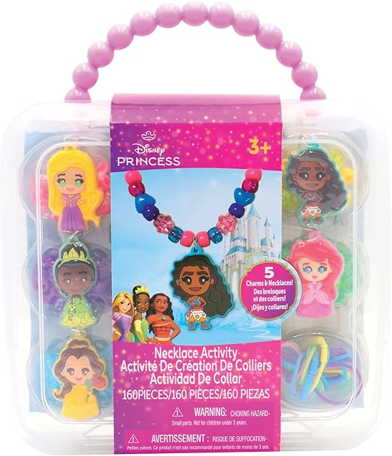 The Disney Princess Necklace Activity Case – Jewelry Making Kit with Beads, Charms & Strings – Create Custom Princess Necklaces – Craft Gift for Girls Ages 3+ – Portable Storage Case Included
