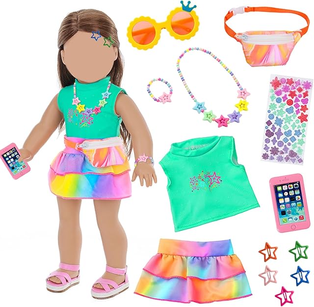 The 18 Inch Girl Doll Clothes Accessories 13 Pcs Baby Doll Clothes Outfits for 14-18 inch Doll with Vests Skirt Bags Eyewear Necklaces Bracelets Clips Stickers Mobile Phones Gift for Christmas Birthday