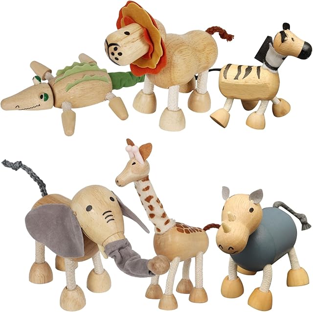 The 6 Pack Bendable Wooden Animal Figurines - Smooth Natural Wood Zoo & Jungle Safari Animals - Preschool Learning & Education Toys for Toddlers & Kids
