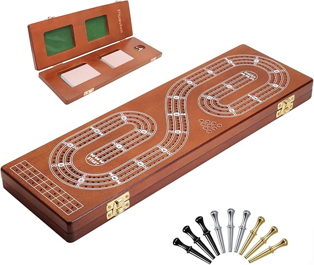 The Cribbage Board Game Set 3 Tracks, Plusvivo Solid Oak Wood Cribbage Boards Unique with 9 Metal Pegs & 2 Storage Area, 15.5 X 4.9 X 1.2 in Travel Portable Cribbage Game Sets for Family