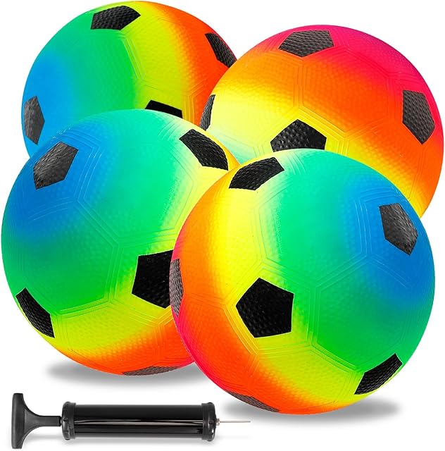 The Jeffbaubl 4Pcs Playground Balls,Rainbow Balls Kickballs with 1 Hand Pump,8.5 Inch Inflatable Playground Ball Kick Balls Handball,Colorful Dodgeball for Kids Adults Indoor Outdoor Games