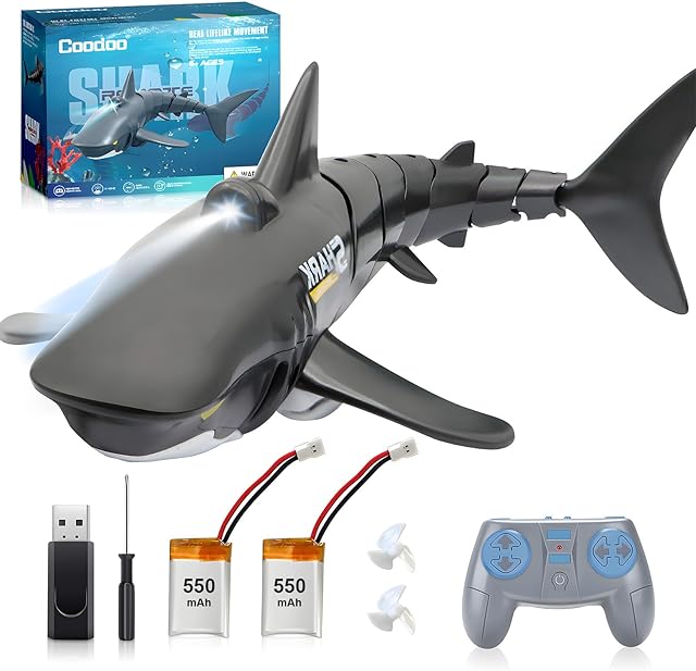 The 2.4G Remote Control Shark Toy 1:18 Scale High Simulation Shark for Swimming Pool Bathroom - Great Gift RC Boat Toys for 6+ Year Old Boys and Girls (with 2 Batteries)