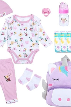 The Reborn Baby Dolls Clothes Girl Purple Flower Outfit Accessories 12 Pcs for 17-22 Inches Reborn Doll Newborn Girl with Purple Unicorn Backpack