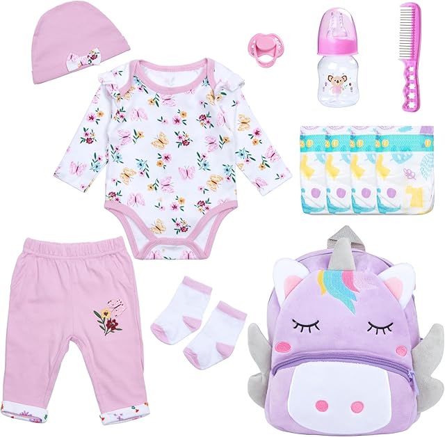 The Reborn Baby Dolls Clothes Girl Purple Flower Outfit Accessories 12 Pcs for 17-22 Inches Reborn Doll Newborn Girl with Purple Unicorn Backpack
