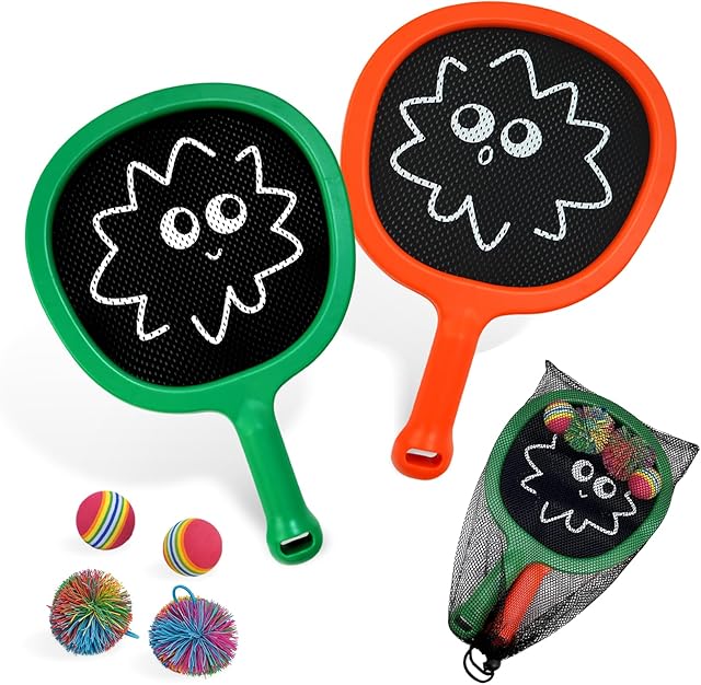 The Racquet Paddle Bouncy Ball Play Set for Kids Adults Family Activities Rackets, Indoor Outdoor Play Games,Children’s Pool Beach Sport Toys(with 4 Balls)