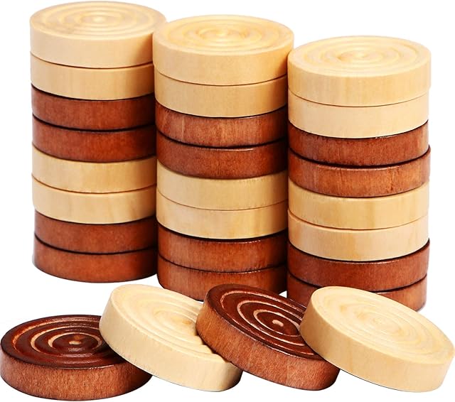 The 48 Pieces Wooden Checkers 1.06 Inch Wooden Checkers Pieces with Stackable Ridge in Drawstring Storage Pouch Red Black Dark Brown Wood Color (Dark Brown, Natural Color)