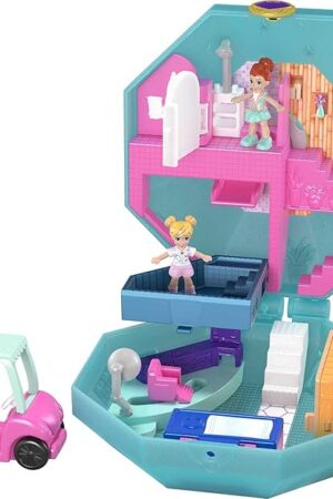 The Polly Pocket Playset, Travel Toy with 2 Micro Dolls, Toy Car & Surprise Accessories, Pamperin Perfume Spa Compact