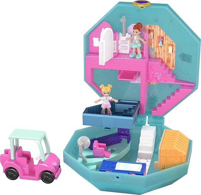 The Polly Pocket Playset, Travel Toy with 2 Micro Dolls, Toy Car & Surprise Accessories, Pamperin Perfume Spa Compact