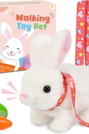 The Robot Bunny Pal- My Realistic Bunny Toy, Bunny Realistic Bunny with Sounds, Jumping, Twitching, and Shaking Ears, Interactive Plush Bunny for Kids with Leash, Birthday Gift for Easter Toddler (White)