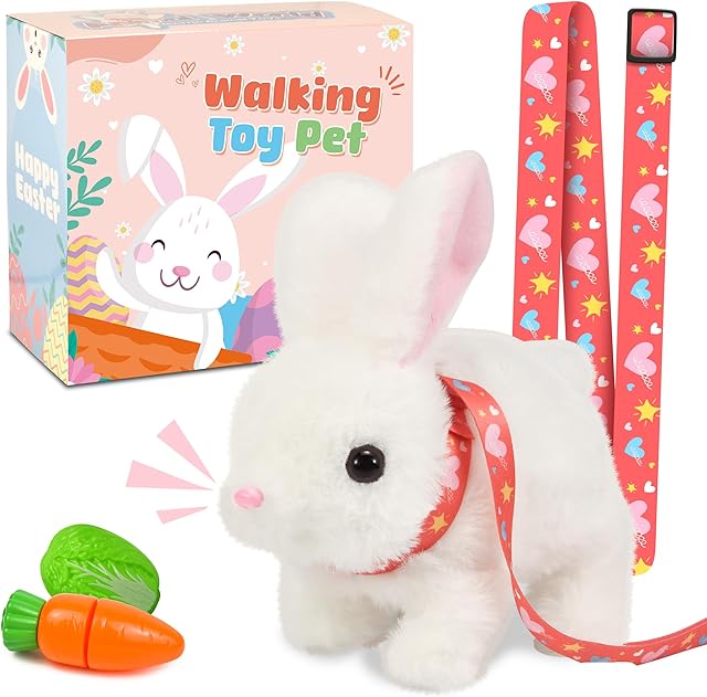 The Robot Bunny Pal- My Realistic Bunny Toy, Bunny Realistic Bunny with Sounds, Jumping, Twitching, and Shaking Ears, Interactive Plush Bunny for Kids with Leash, Birthday Gift for Easter Toddler (White)