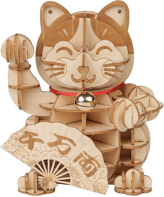 The Rolife 3D Wooden Puzzle Lucky Cat -72pcs Japanese Maneki Neko Welcome Display Greeting for Blessing Good Fortune - Building Toys Gift for Adults (Plutus Cat)