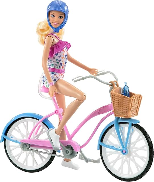 The Barbie Doll & Bike Set with Accessories, Blonde in Rainbow Romper with Pink & Blue Bicycle, Helmet, Basket & Water Bottle