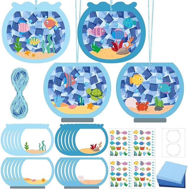 The Sanixin 24 Sets Fishbowl Suncatchers Crafts Kit Summer Fish Tissue Paper Sign Craft with Ocean Animals Stickers Aquarium DIY Paper Craft Art Projects for Classroom Home Activities