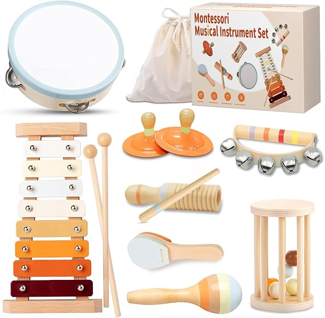 The Musical Instruments Set for Toddlers 1-3, Montessori Wooden Toys for Kids Girls Boys-Xylophone Tambourine Maracas, Baby 18+Months Birthday Percussion Music Gift Preschool Educational with Storage Bag