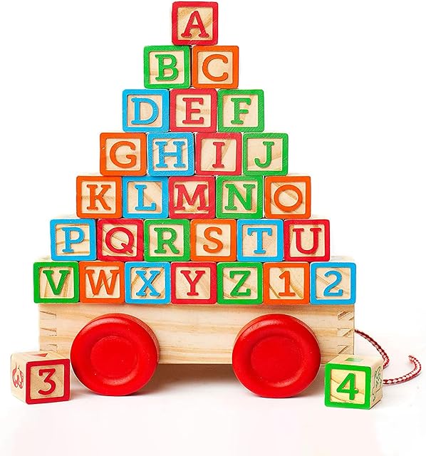The Building Blocks for Toddlers 1-3 Years Old, 30 Large Stackable Wooden Baby Blocks with Alphabet and Number Icons on Every Side, Toy Wagon Included