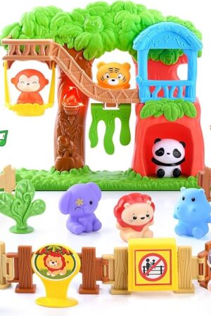 The PLAY Safari Animals Figures Toys Playset, 20Pcs Realistic Jungle Forest Zoo Animals Figurines Tree House Playset with Lights & Sounds for Toddlers, Learning Toys Gifts for Girls Boy Ages 18M+