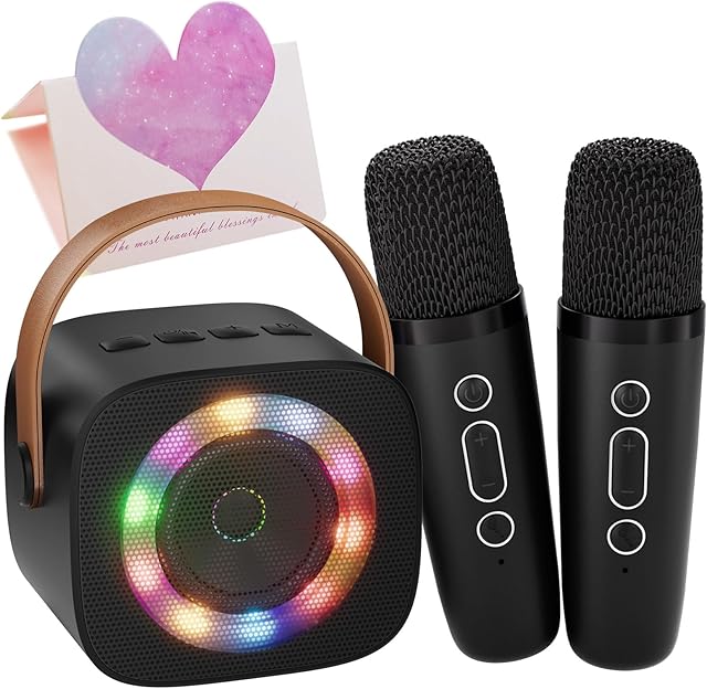 The Karaoke Machine for Kids, Portable Bluetooth Mini Karaoke Microphone Singing Speaker with 2 Wireless Mic, Long Battery Life and Stereo Sound, Christmas Birthday Gifts for Family Home (Black)