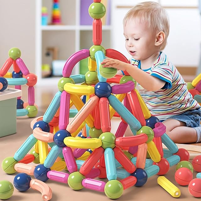 The BAKAM Magnetic Building Blocks for Kids Ages 4-8, STEM Construction Toys for Boys and Girls, Large Size Magnetic Sticks and Balls Game Set for Kid’s Early Educational Learning (64PCS)