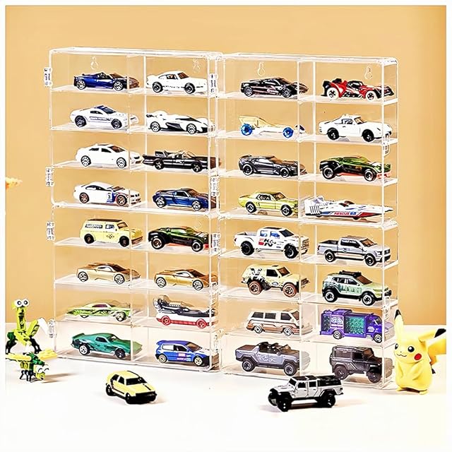 The 4-Pack Hot Display Case Wheels for 1/64 Scale Toys Car - Wall Mountable Transparent Storage Box for Hot Wheels, Matchbox & Diecast Models,Includes Hooks for Easy Hanging